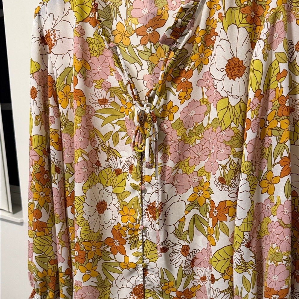 Floral Button-Up Blouse - Pink, Green, White